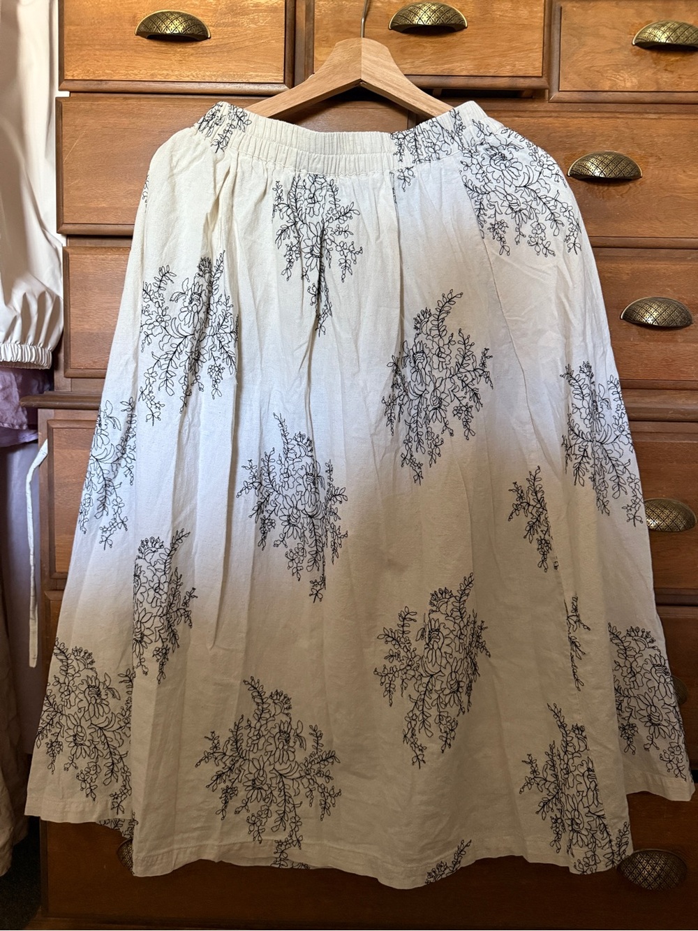Cotton Beige Skirt with Black Floral Embroidery